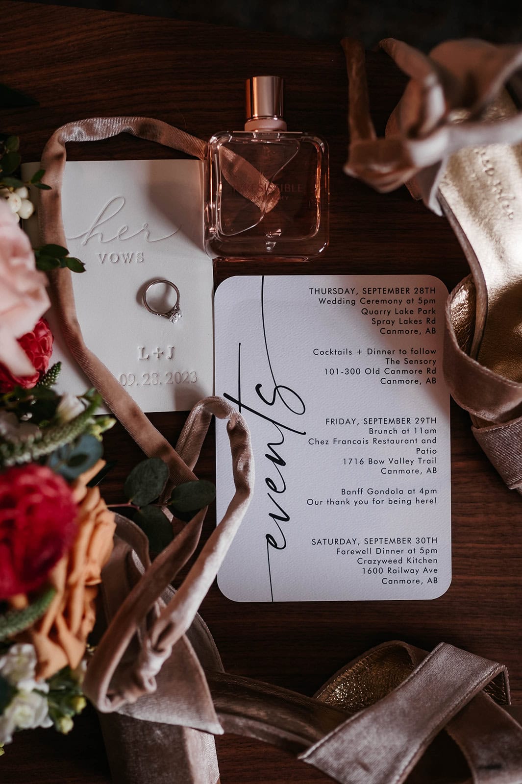 Wedding detail flat lay with rings and accessories