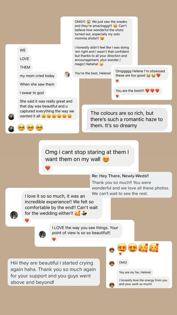 A collage of kind messages from Helene Photography clients