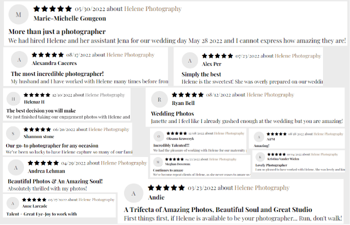 A collage of five-star reviews for Helene Photography