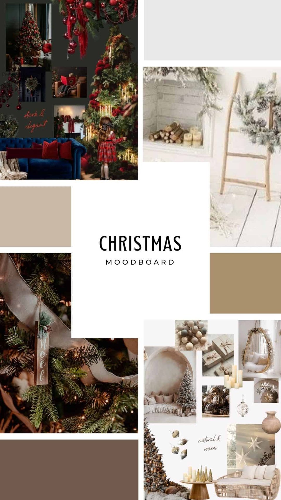 Christmas mood board with festive greenery, rich reds, and warm neutral decor
