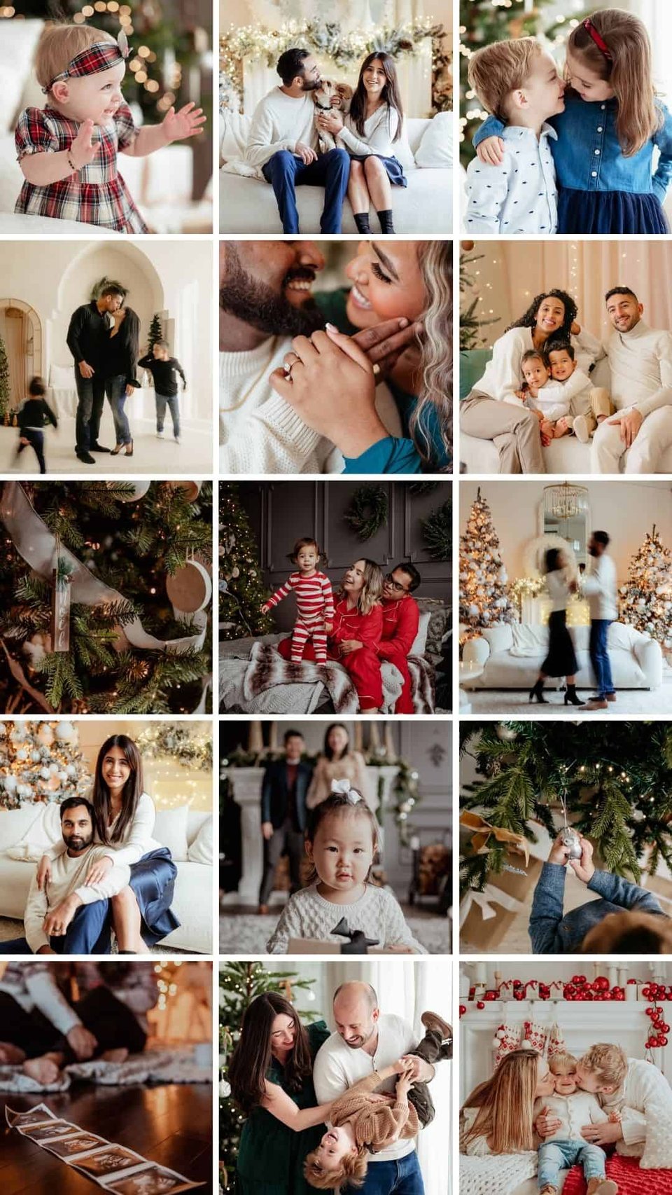 Collage of holiday portraits featuring families, couples, children, and Christmas details