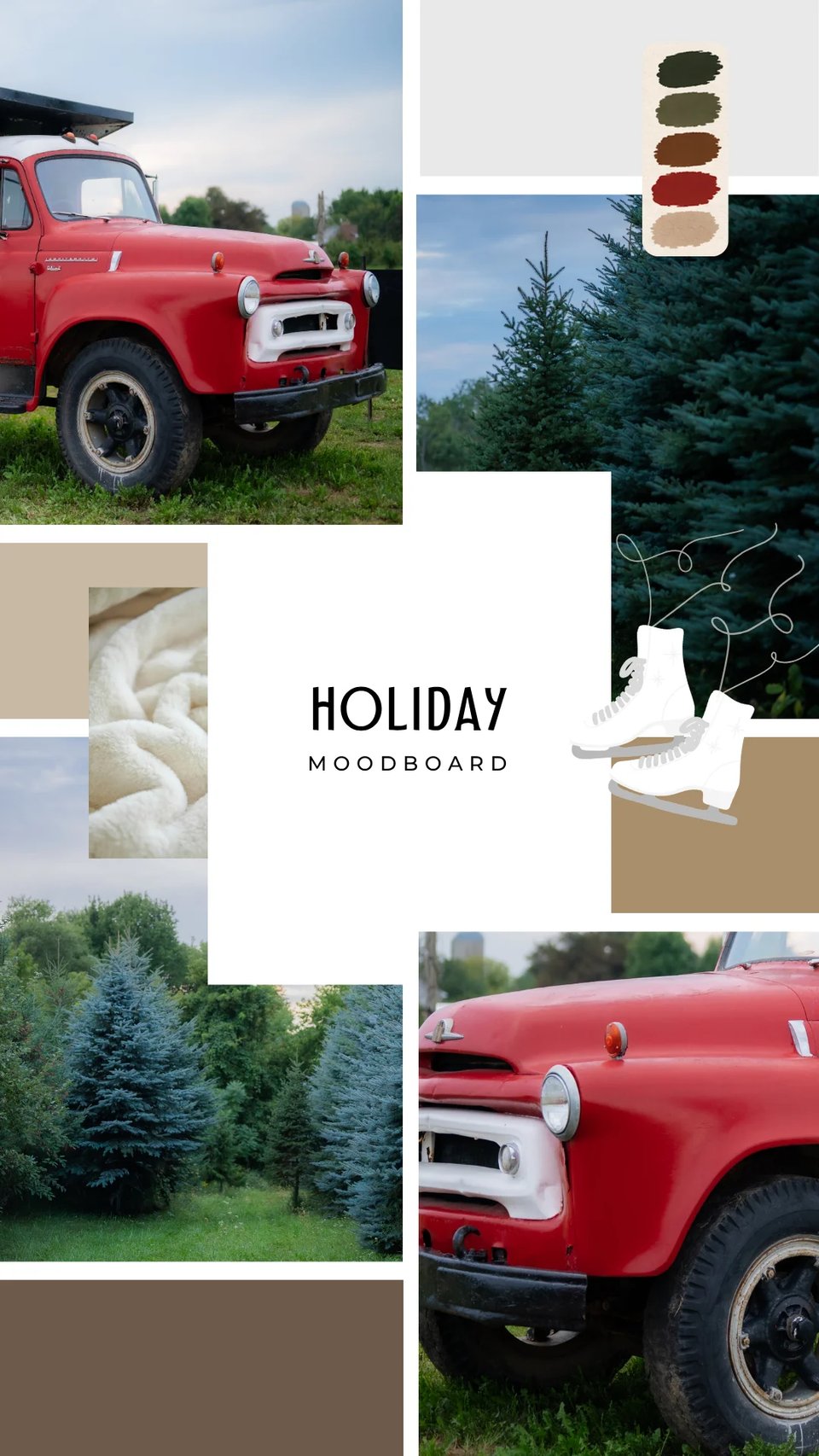 Outdoor red truck mood board with pine trees and rich reds